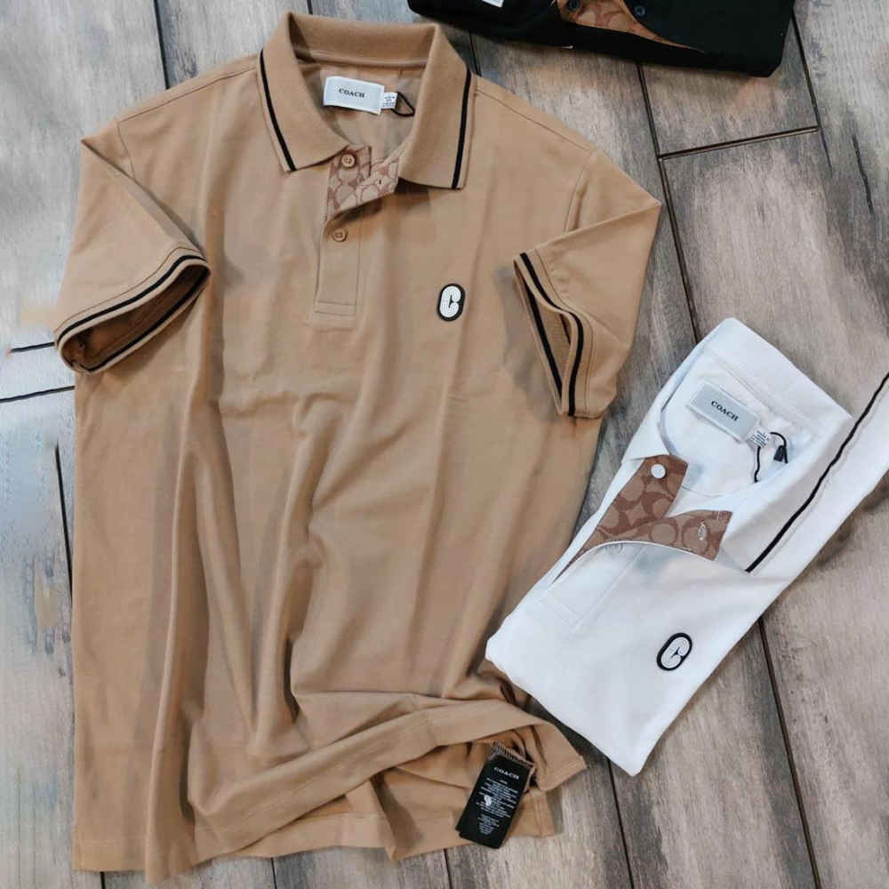 Coach Embroidered logo Striped Pique Brown Polo T-shirt-thumb-2