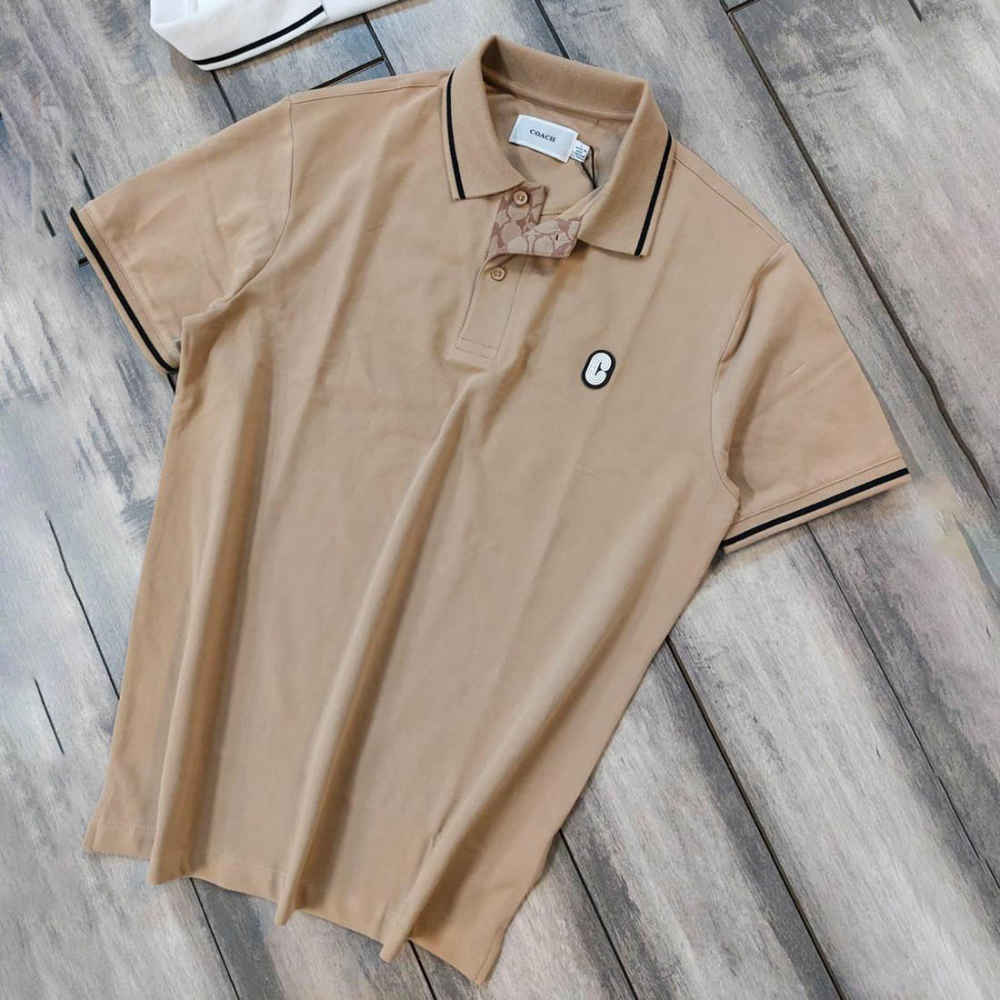 Coach Embroidered logo Striped Pique Brown Polo T-shirt-thumb-0