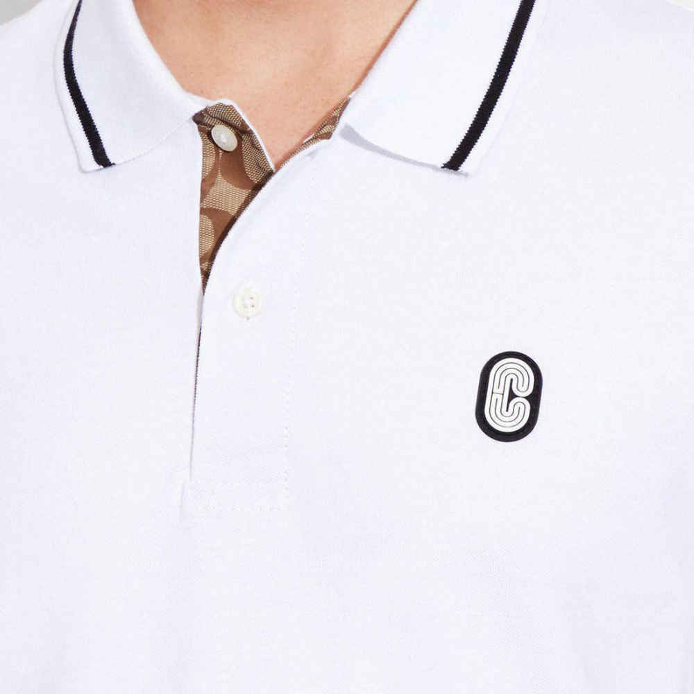 Coach Embroidered logo Striped Pique White Polo T-shirt-thumb-1