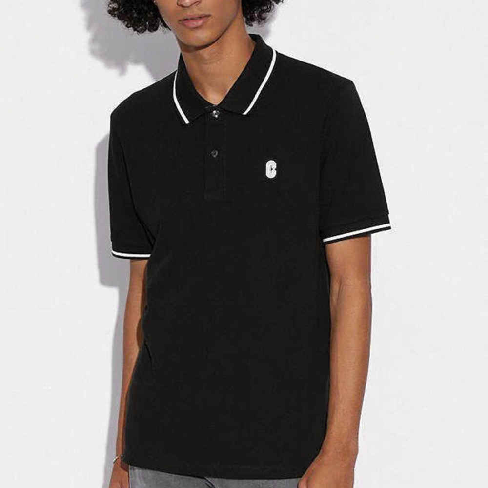 Coach Embroidered logo Striped Pique Black Polo T-shirt-thumb-0