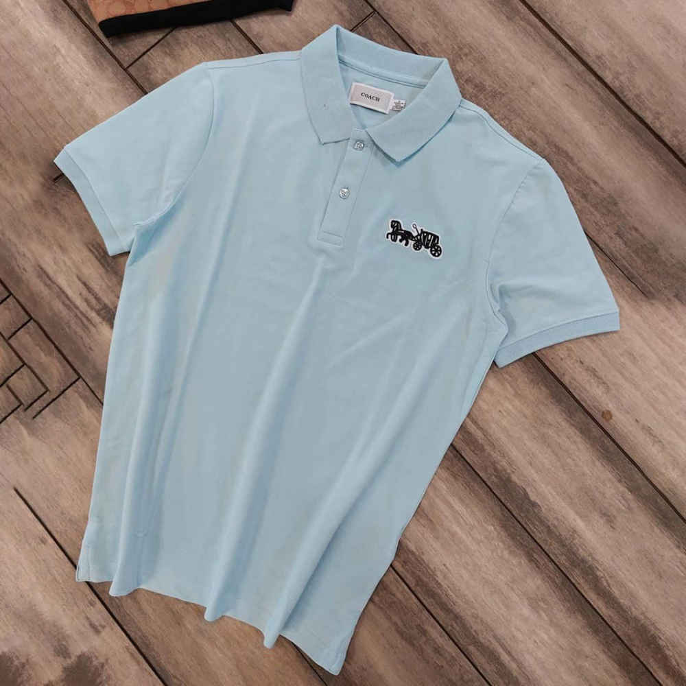 Coach Embroidered logo Striped Pique Sky Blue Polo T-shirt-thumb-1