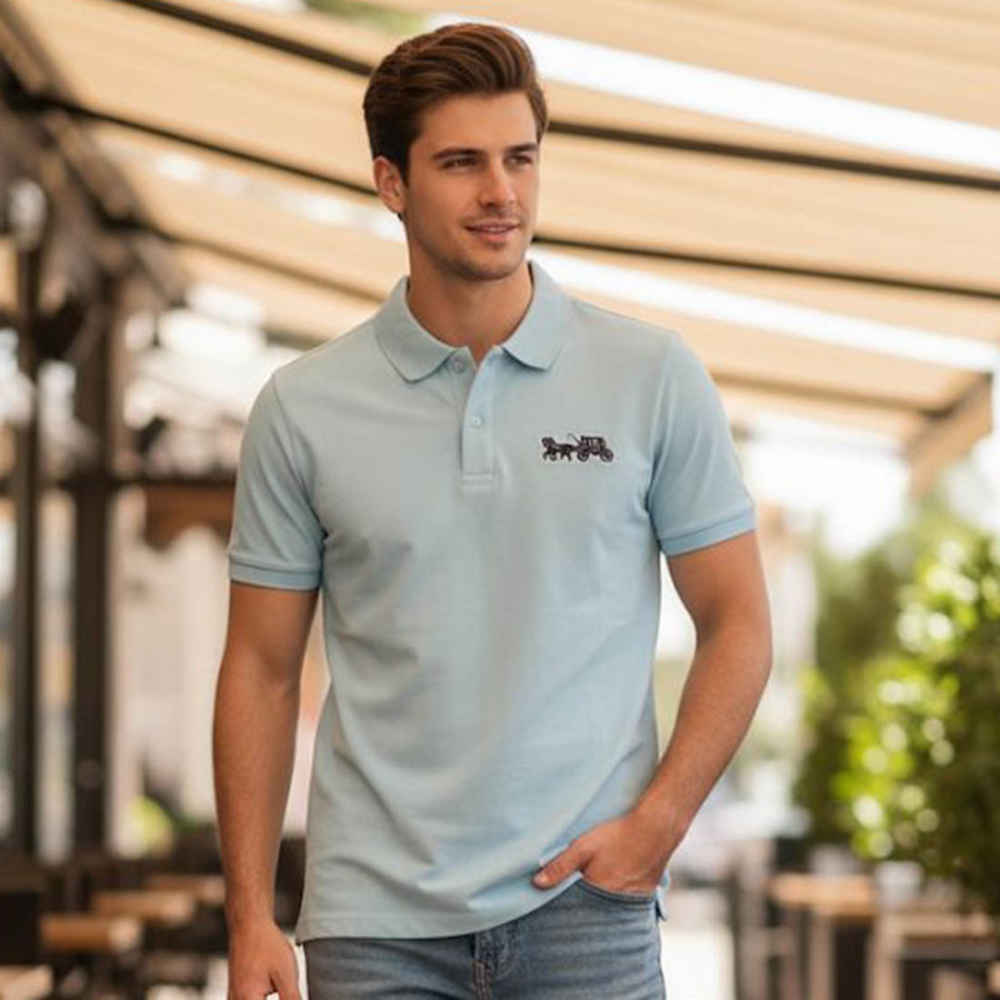 Coach Embroidered logo Striped Pique Sky Blue Polo T-shirt-thumb-0