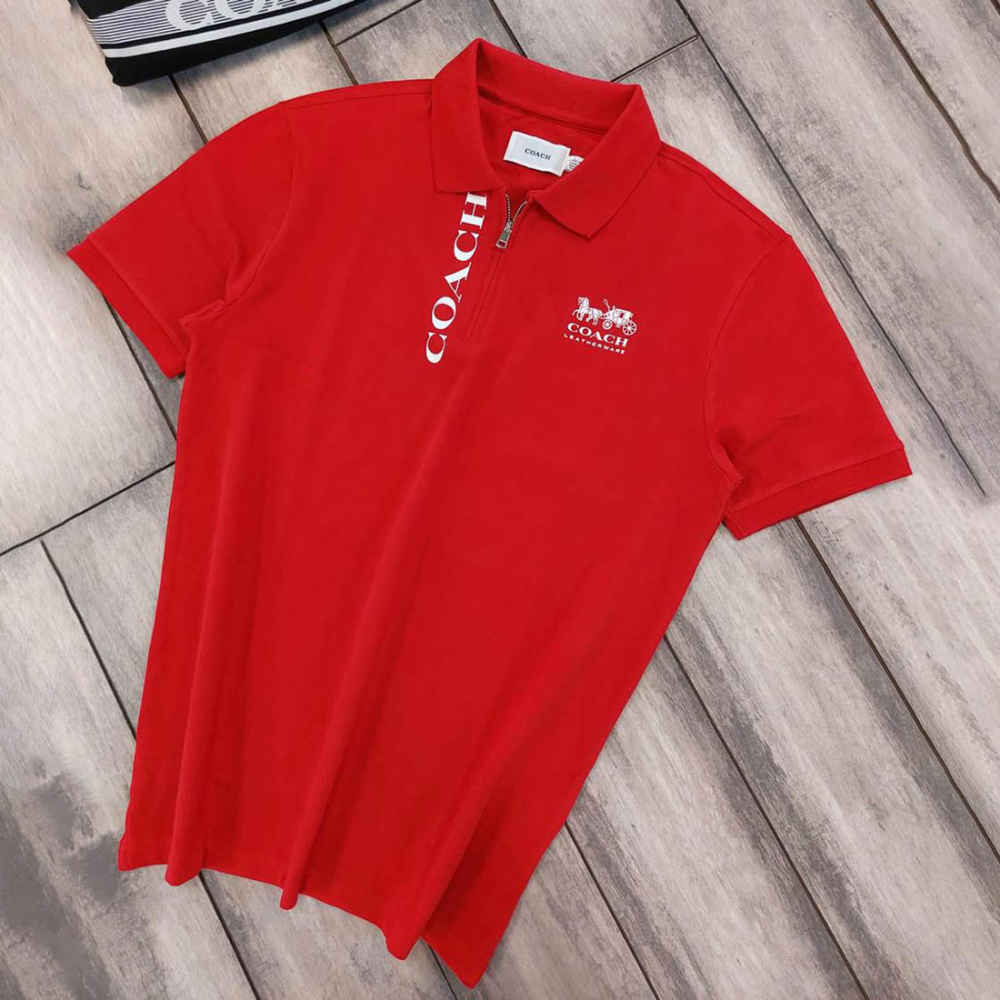 Coach Embroidered logo Striped Pique Red Polo T-shirt-thumb-1