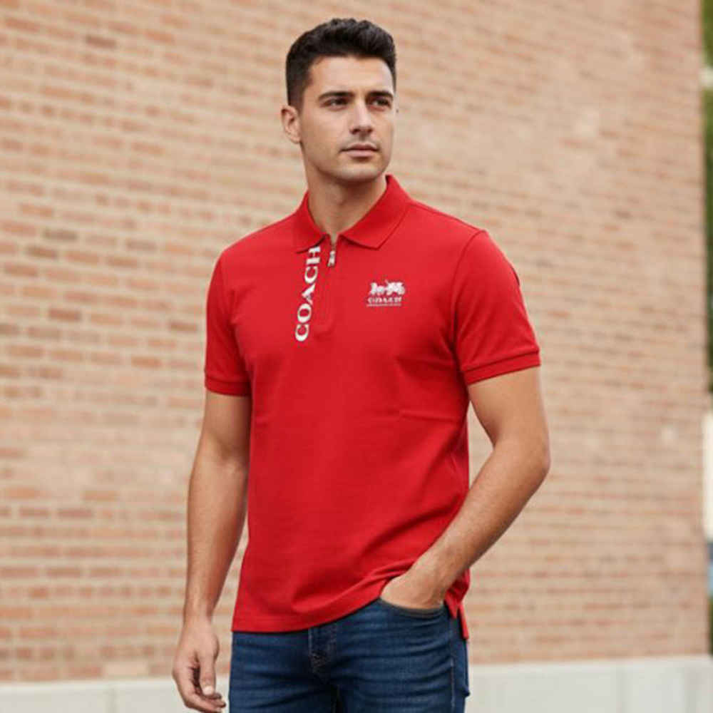Coach Embroidered logo Striped Pique Red Polo T-shirt-thumb-0