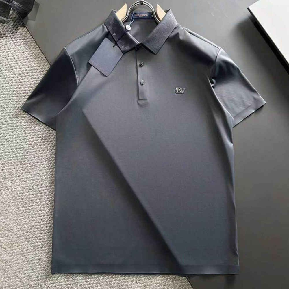 Louis Vuitton Grey Embroidery Logo Premium Polo T-shirt-thumb-0