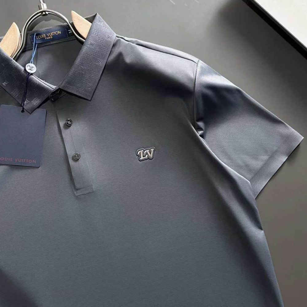 Louis Vuitton Grey Embroidery Logo Premium Polo T-shirt-thumb-3