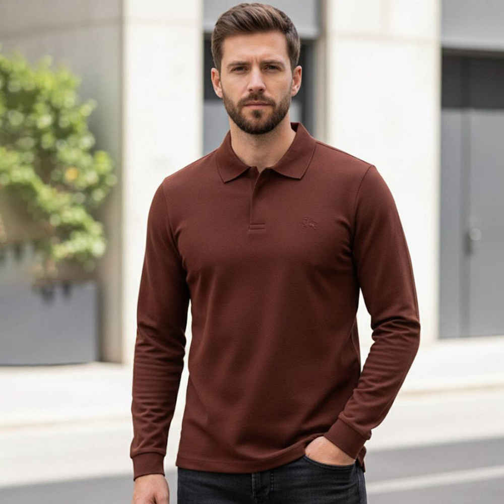 Burberry Dark Brown Premium Full Sleeves Polo T-shirt-thumb-0