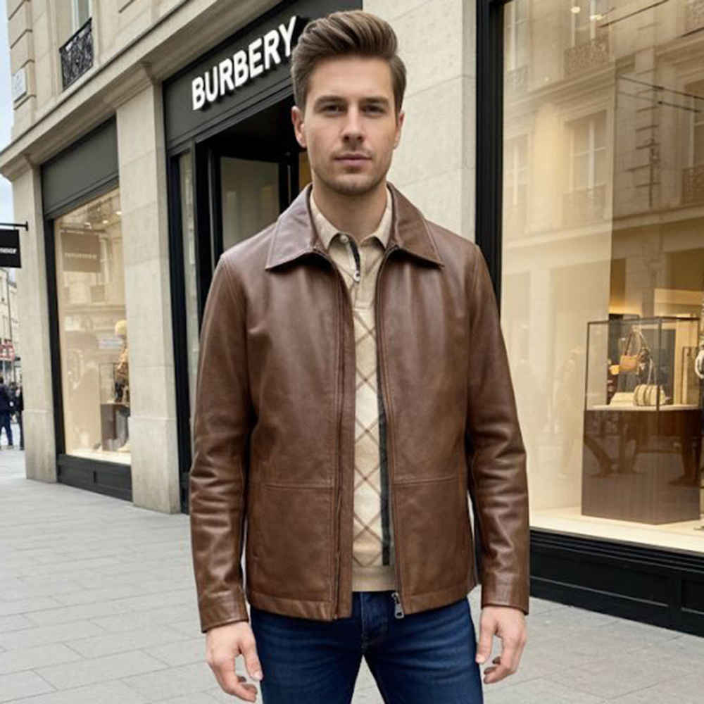 Burberry Brown Leather Premium Quality Jacket-1