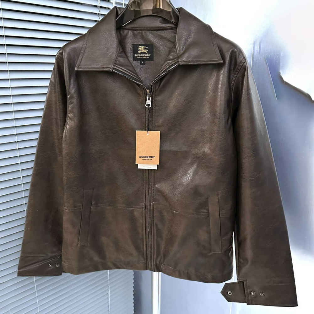 Burberry Dark Brown Leather Premium Quality Jacket-thumb-2