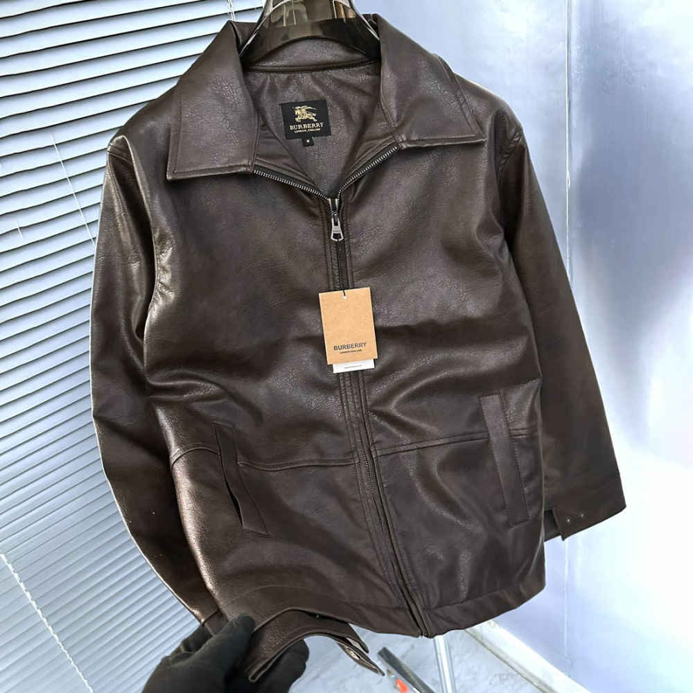 Burberry Dark Brown Leather Premium Quality Jacket-thumb-3