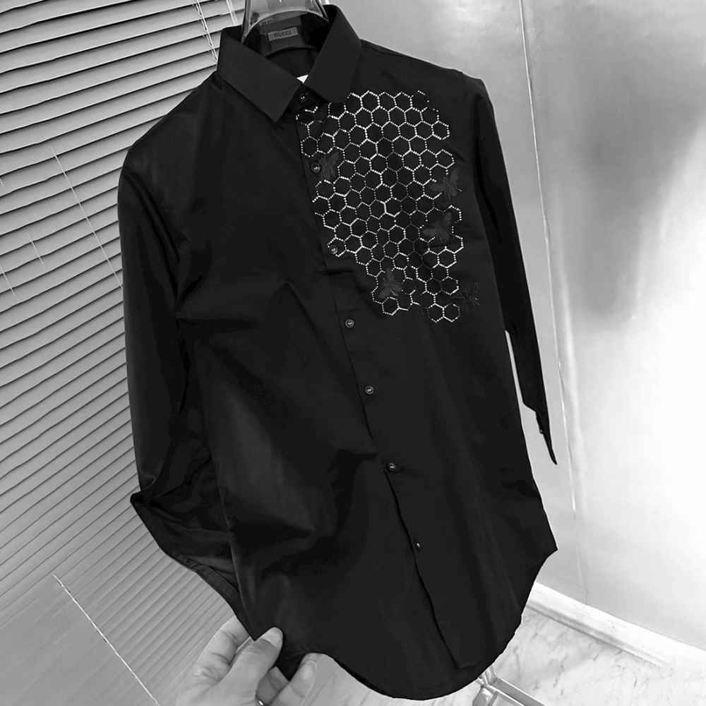 Gucci GG Embroidery Black Stretch Cotton Shirt-thumb-3
