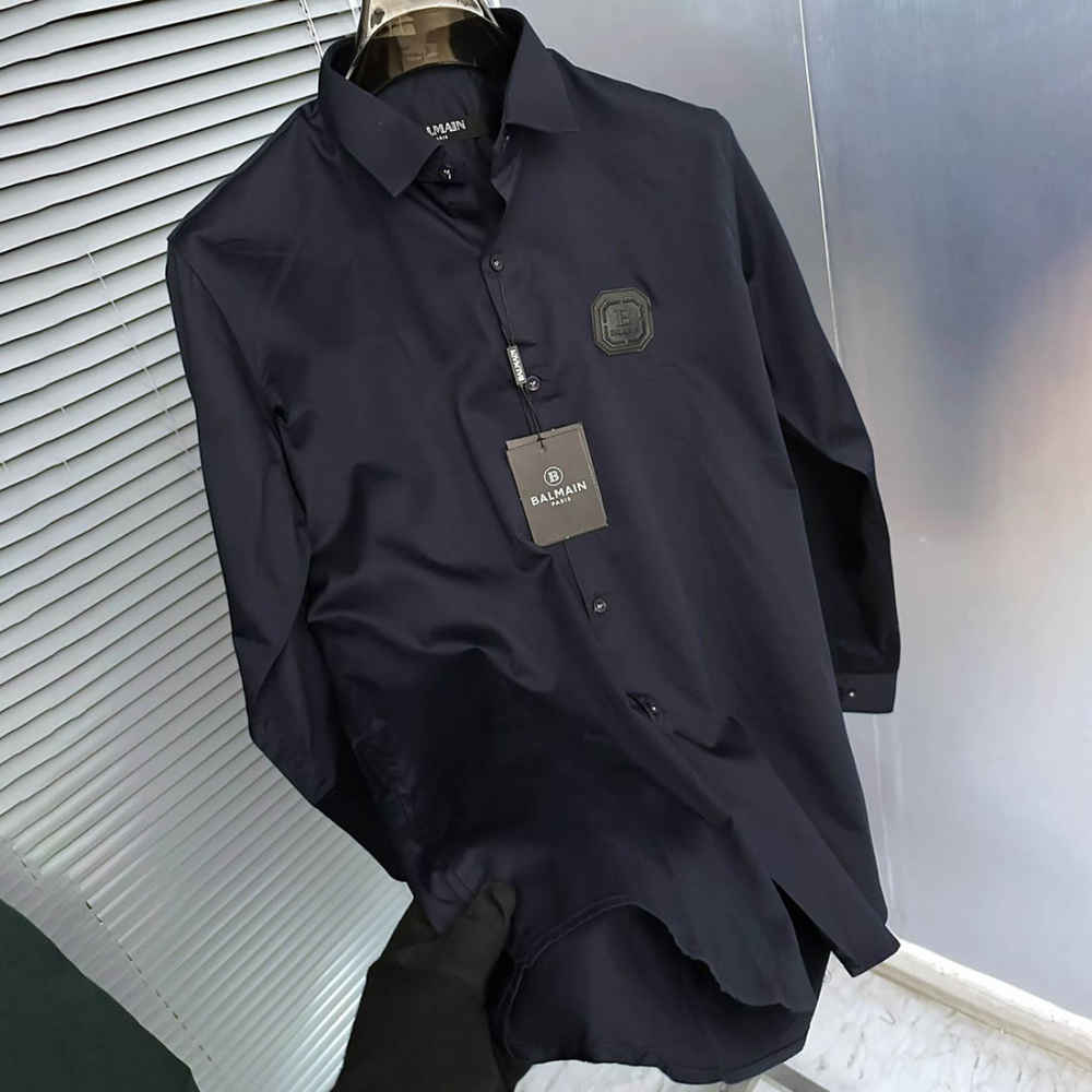 Balmain Embroidered Blue Premium Cotton Shirt-thumb-1