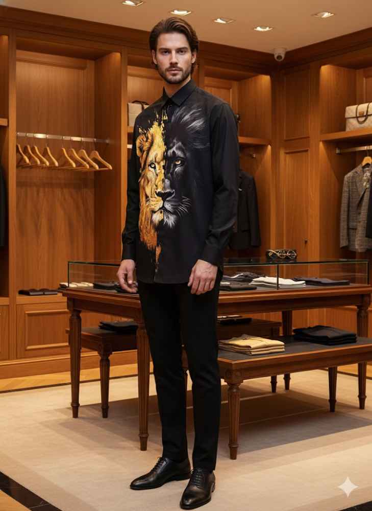 Gucci Lion Print Black Premium Quality Cotton Shirt-thumb-0