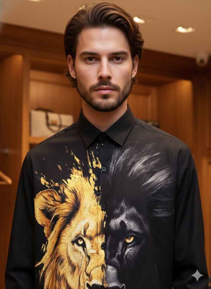 Gucci Lion Print Black Premium Quality Cotton Shirt-thumb-1