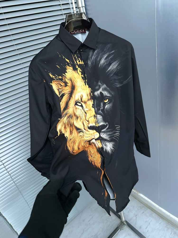 Gucci Lion Print Black Premium Quality Cotton Shirt-thumb-3