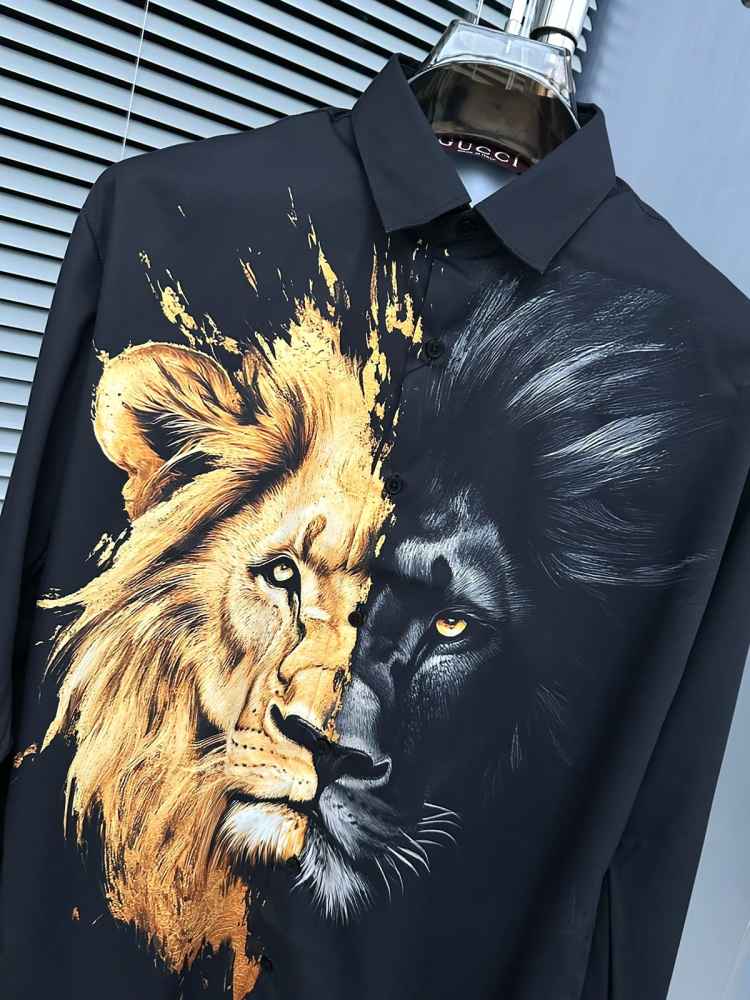 Gucci Lion Print Black Premium Quality Cotton Shirt-thumb-4