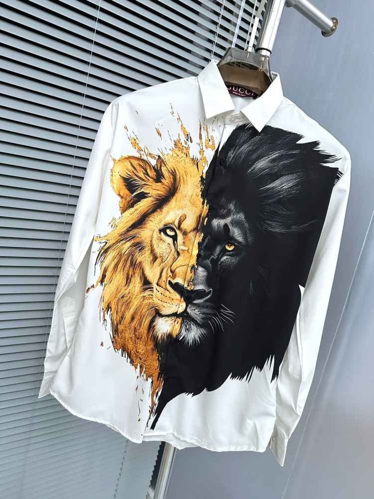 Gucci Lion Print White Premium Quality Cotton Shirt-thumb-1