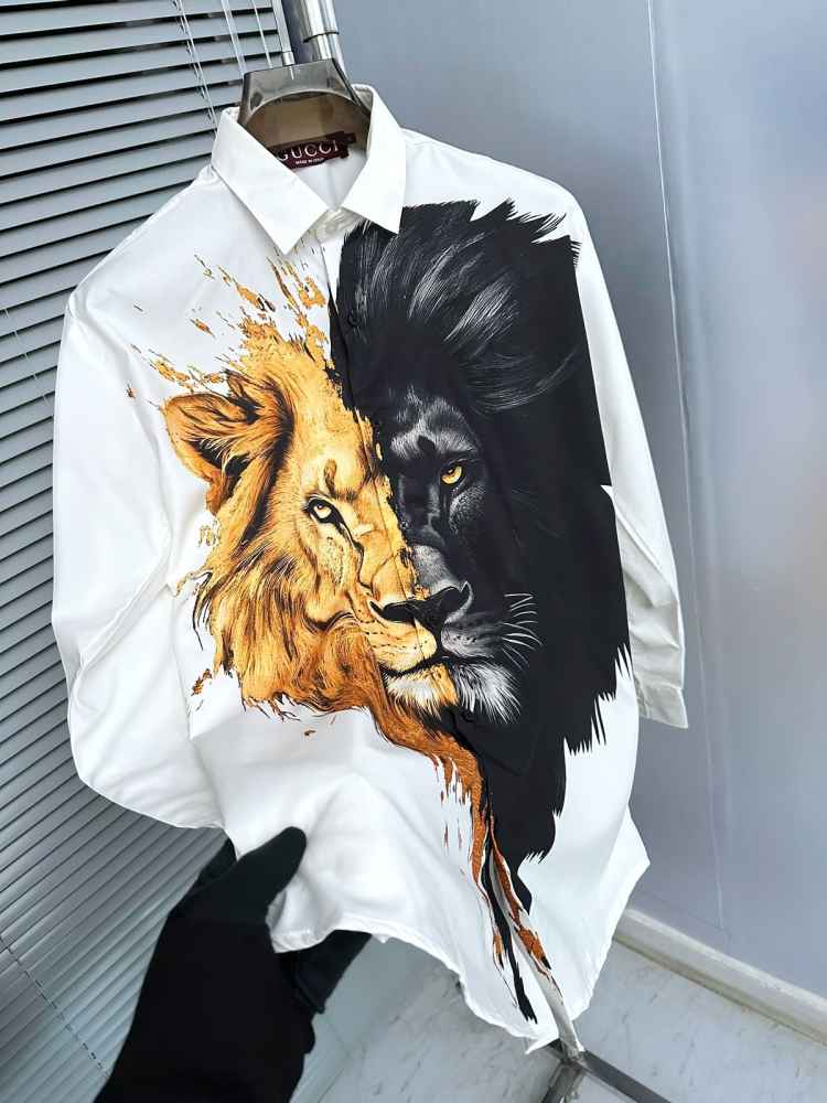 Gucci Lion Print White Premium Quality Cotton Shirt-thumb-4