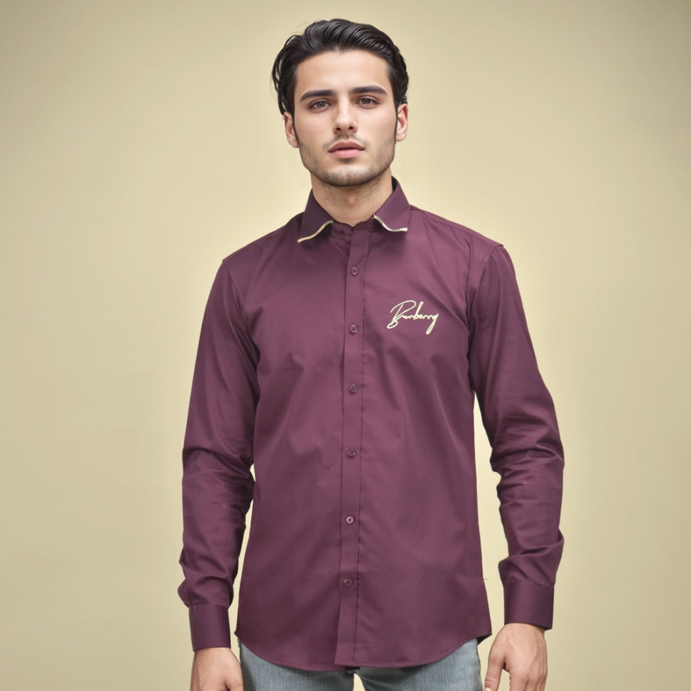 Burberry Embroidered Wine Cotton Premium Shirt-1