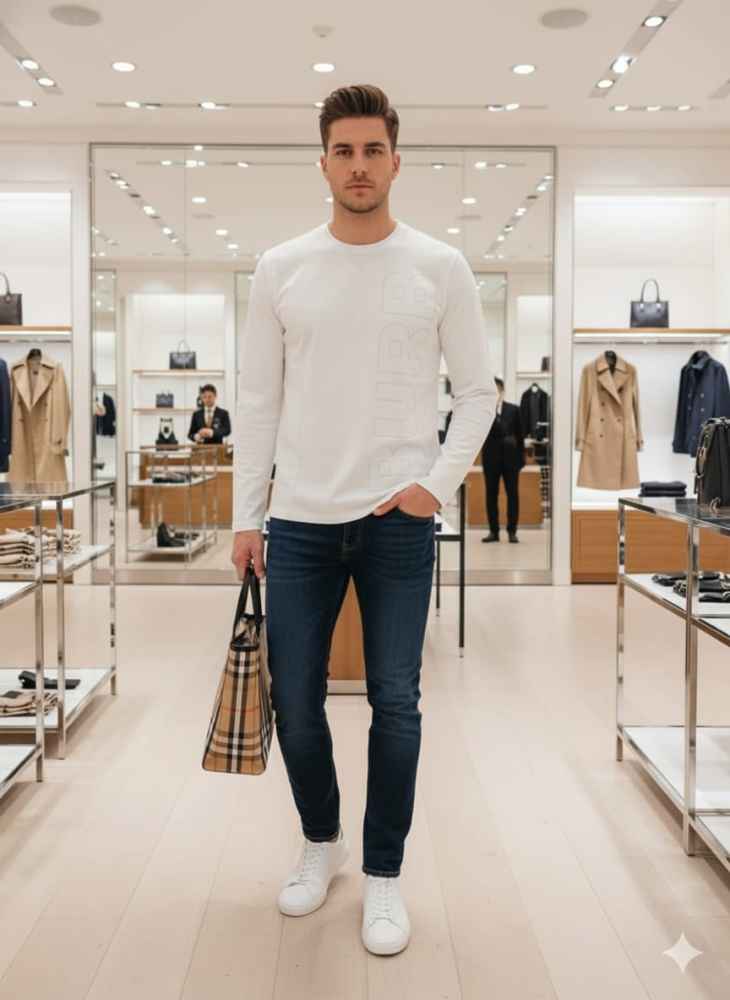 Burberry White Premium Exclusive Full Sleeves Round Neck T-shirt-thumb-1