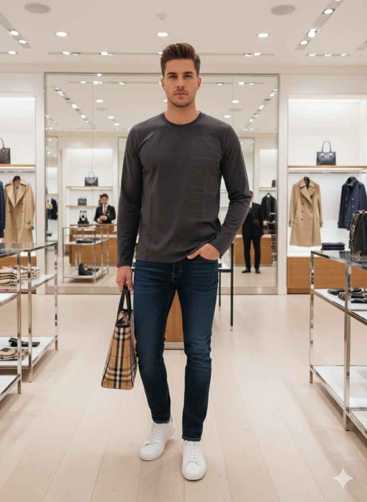 Burberry Dark Grey Premium Exclusive Full Sleeves Round Neck T-shirt-thumb-1