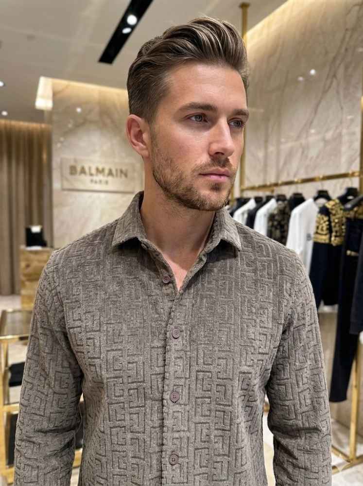 Balmain Embroidered Grey Premium Cotton Shirt-thumb-0