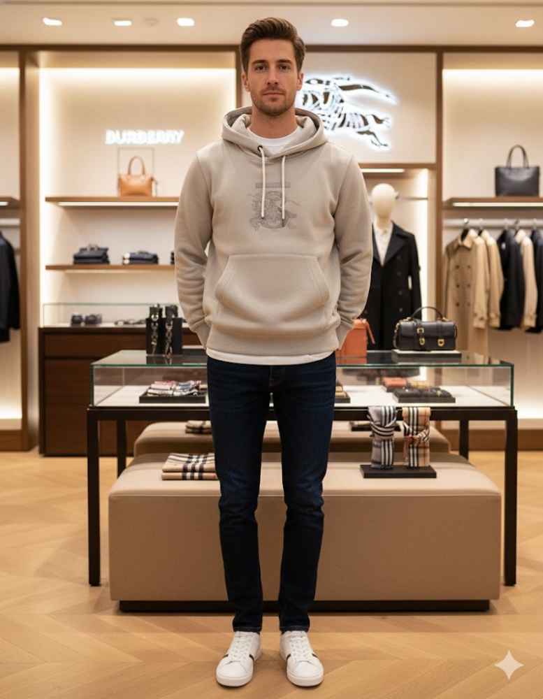 Burberry Cream Embroidery Logo Hoodie-2