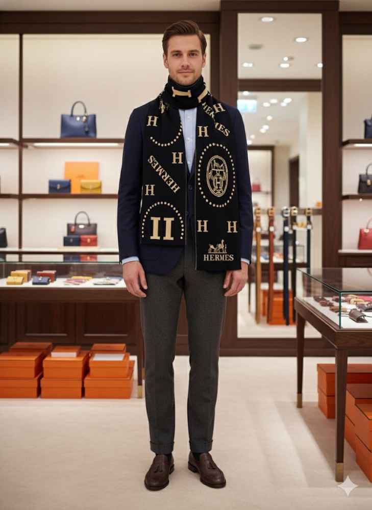 Hermes Premium Quality Black Woollen Reversible Stole-thumb-0