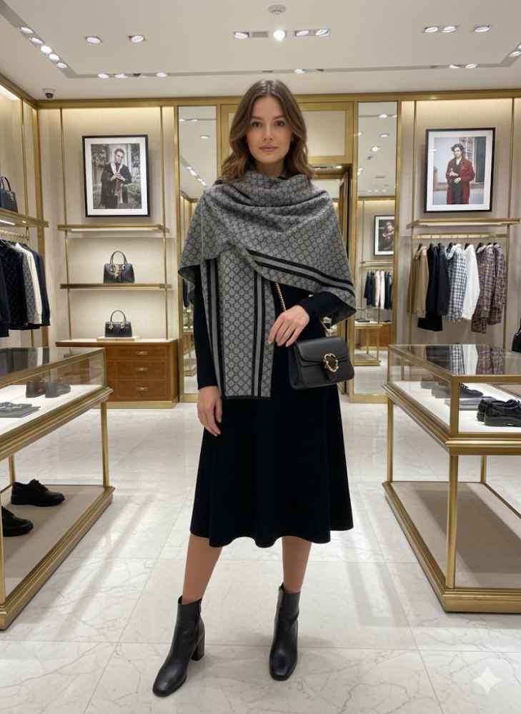 Gucci GG Monogram Bee Warm Grey Woolen Stole-thumb-0