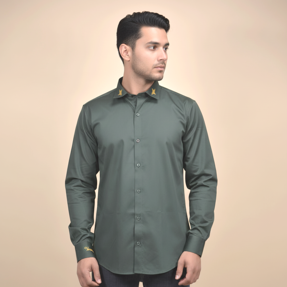 Versace Embroidered Green Premium Cotton Shirt-1