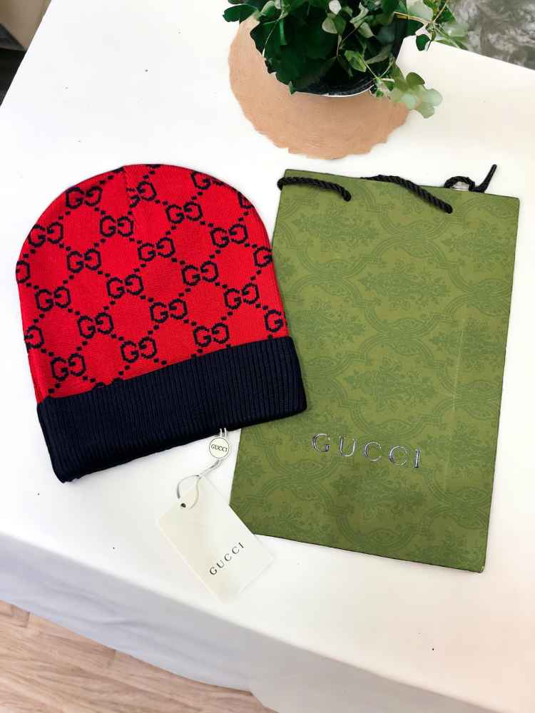 Gucci Monogram Red Premium Edition Cashmere Beanie-thumb-2