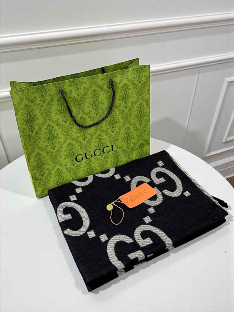 Gucci GG Monogram Bee Warm Black Woolen Stole-thumb-1