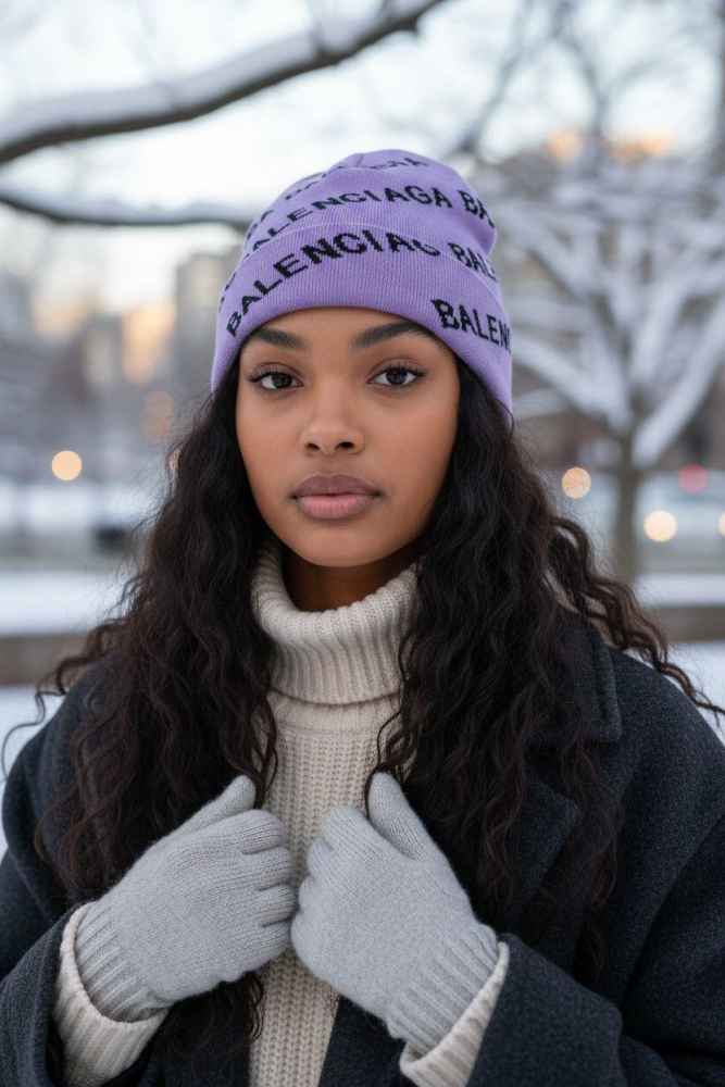 Balenciaga Monogram Purple Premium Edition Cashmere Beanie-thumb-0