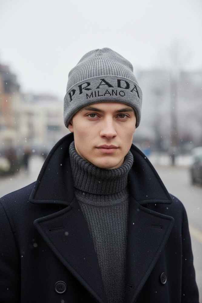 Prada Monogram Grey Premium Edition Cashmere Beanie-thumb-0