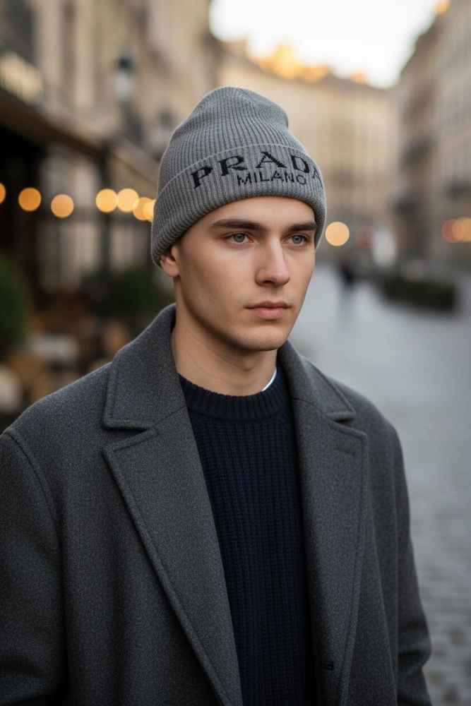 Prada Monogram Grey Premium Edition Cashmere Beanie-thumb-1