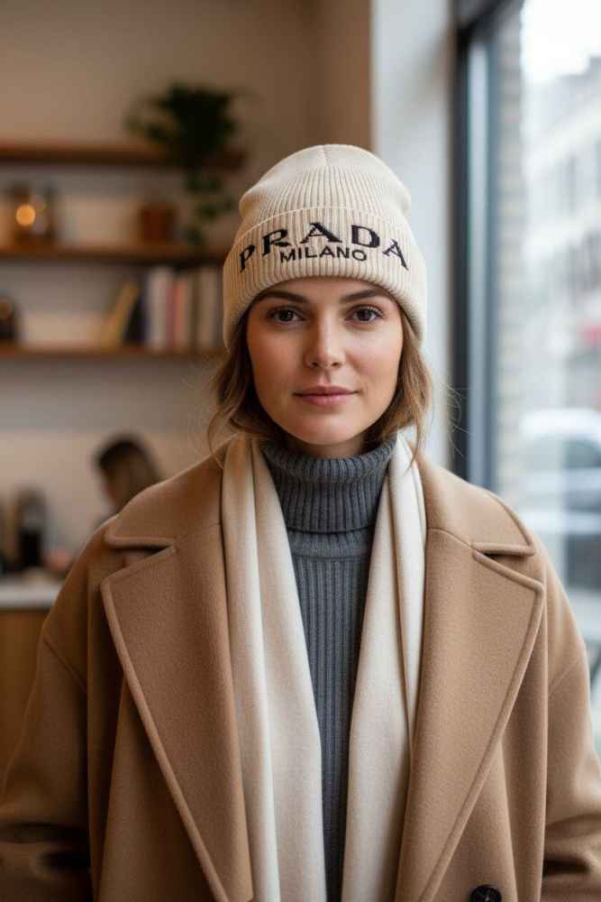 Prada Monogram Cream Premium Edition Cashmere Beanie-thumb-1