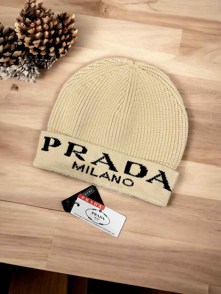 Prada Monogram Cream Premium Edition Cashmere Beanie-2