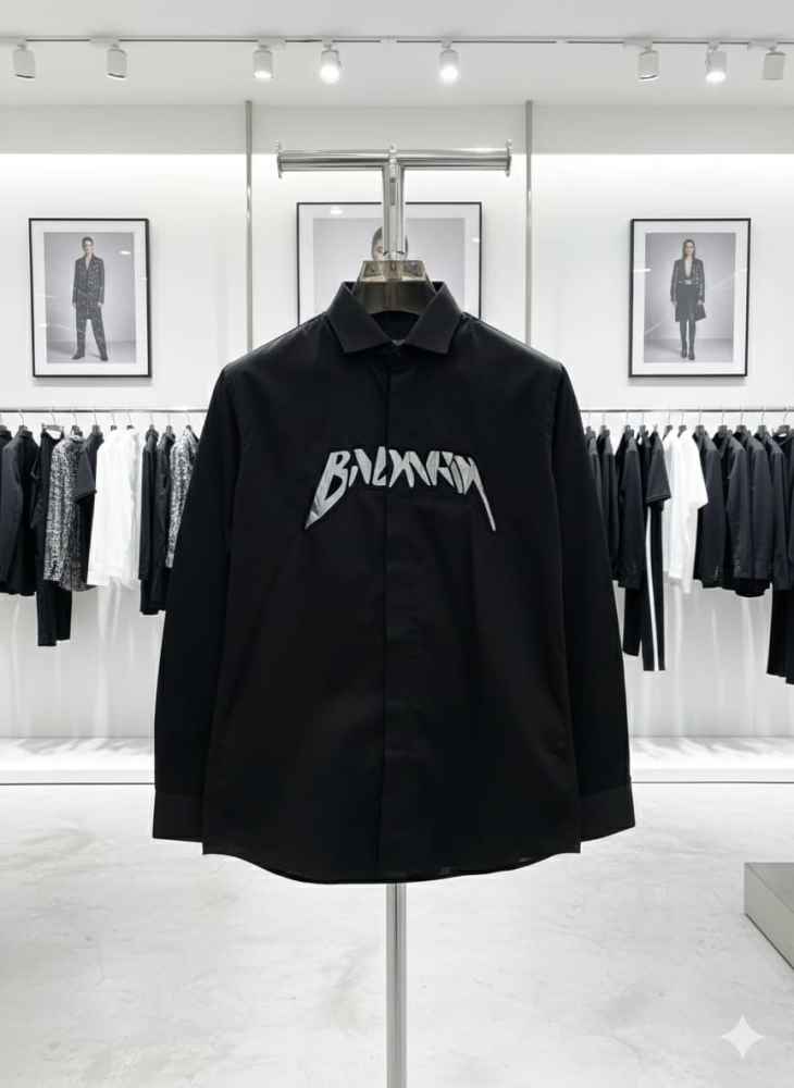 Balmain Embroidered Black Premium Cotton Shirt-thumb-3