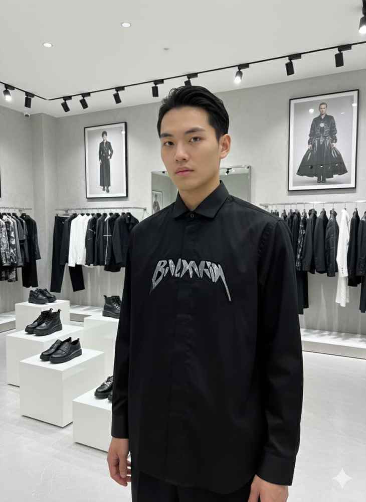 Balmain Embroidered Black Premium Cotton Shirt-thumb-4