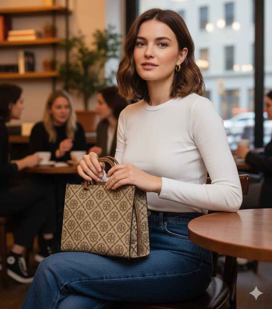 Tory Burch Monogram Brown Small Tote Bag-thumb-0