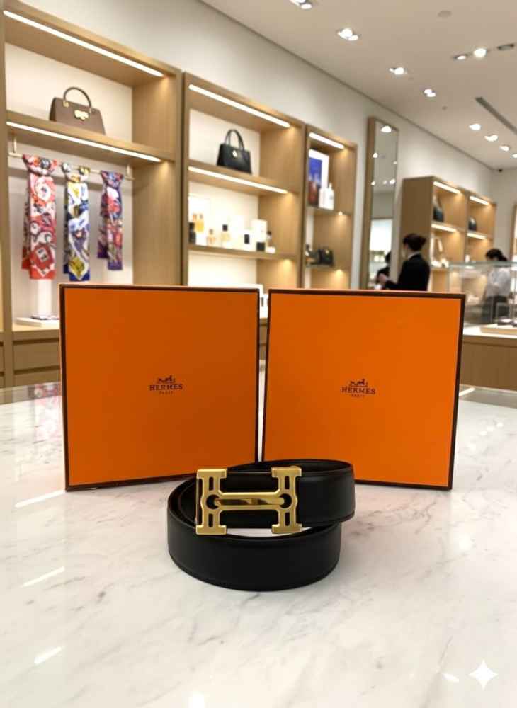 Hermes Golden Premium Quality Leather Belt-thumb-1