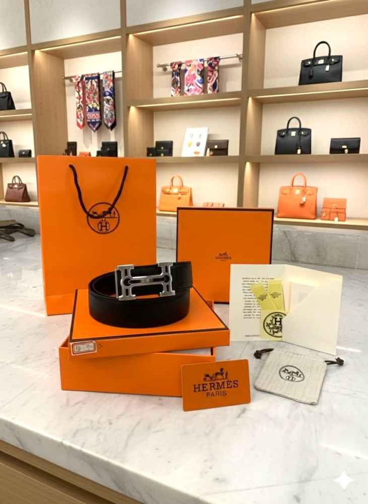 Hermes Silver Premium Quality Leather Belt-thumb-2