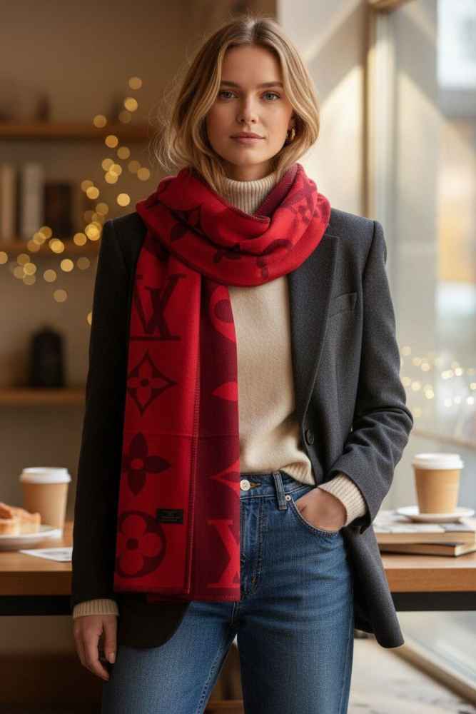 Louis Vuitton Red Cashmere Reversible Muffler-thumb-1