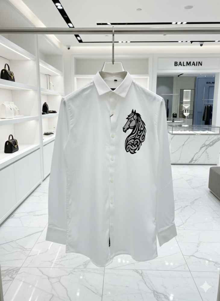 Balmain Embroidered White Horse Printed Premium Cotton Shirt-1