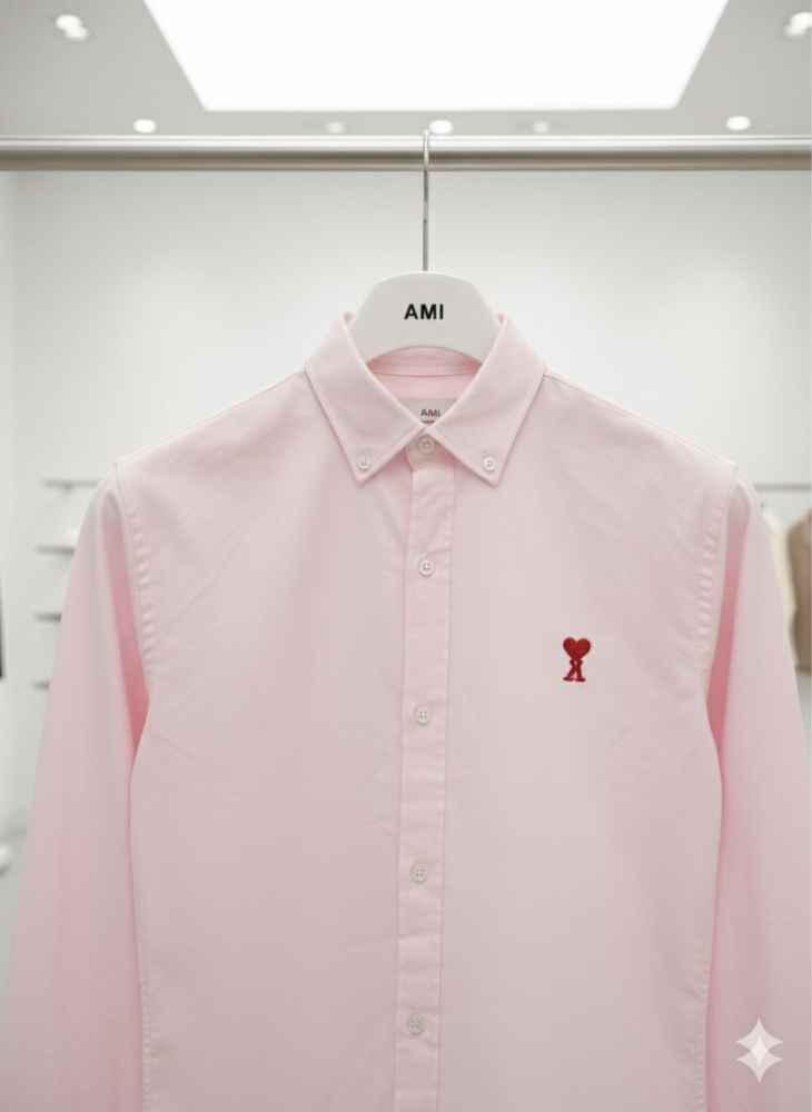 Ami Paris Heart Logo Pink Striped Shirt-1