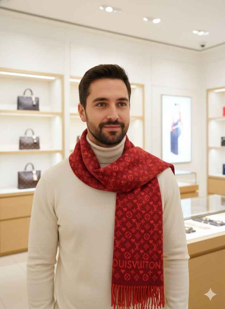 Louis Vuitton Red Cashmere Reversible Muffler-thumb-0