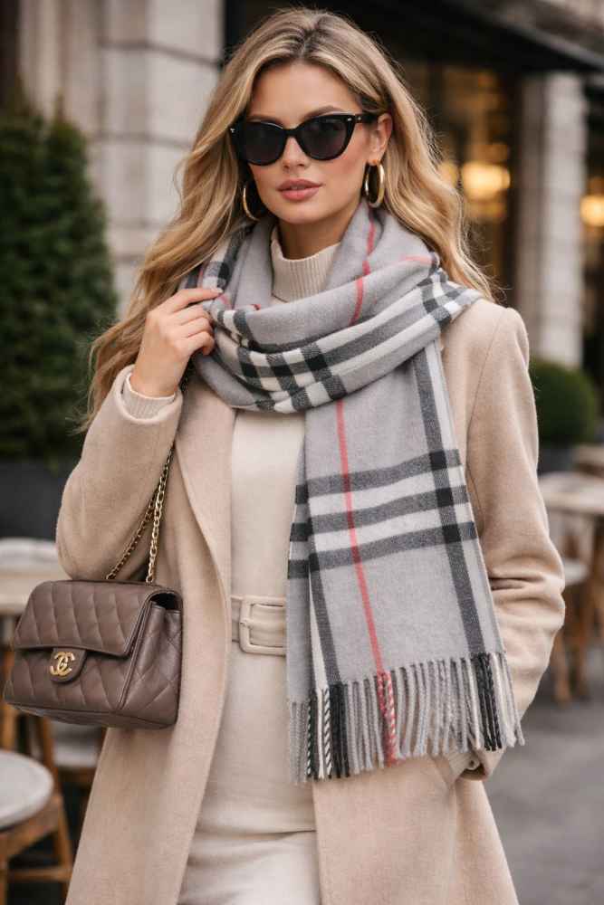 Burberry Check Cashmere Grey Stole-thumb-2
