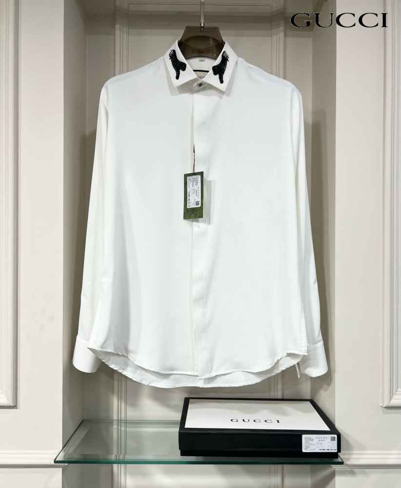 Gucci GG Embroidery White Stretch Cotton Shirt-thumb-2