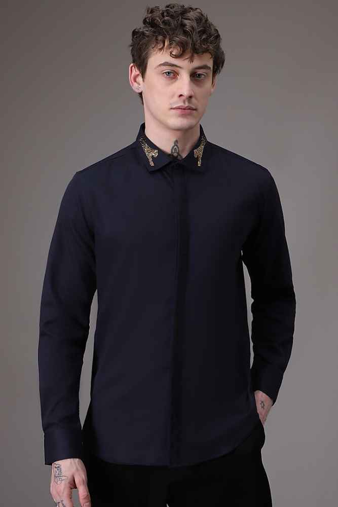 Gucci GG Embroidery Blue Premium Quality Cotton Shirt-thumb-0