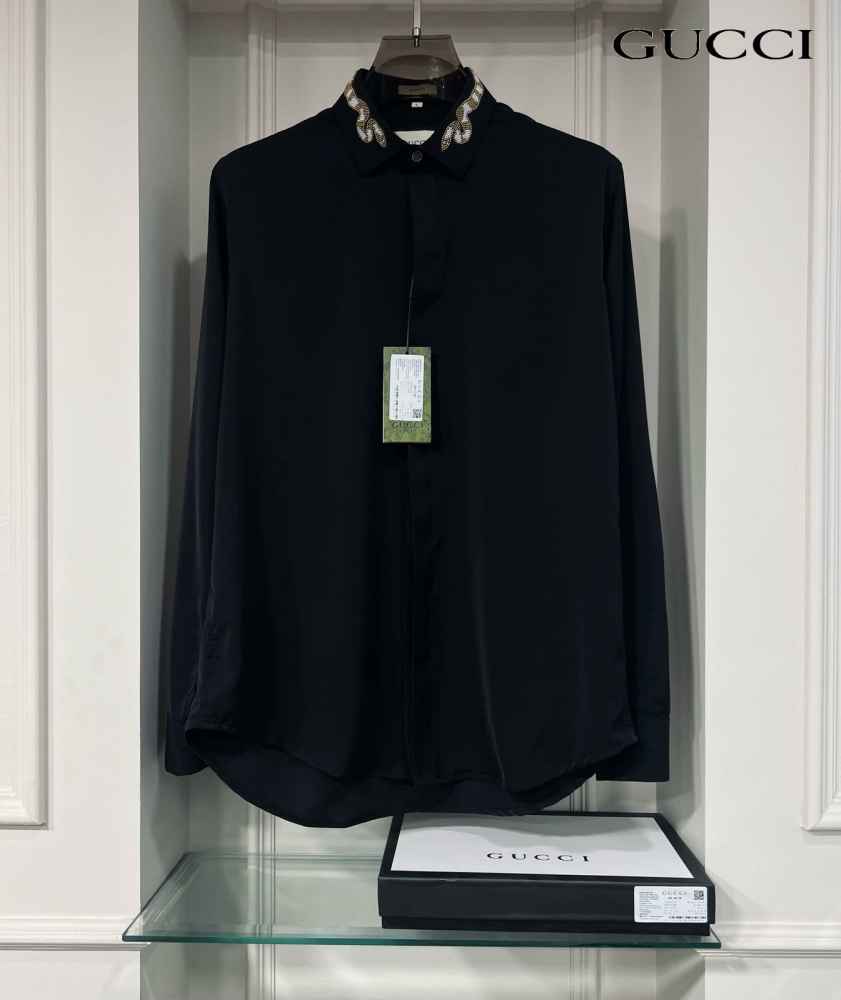 Gucci GG Embroidery Black Premium Quality Cotton Shirt-thumb-0